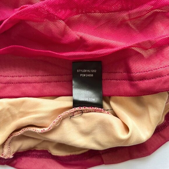 NWT LULUS ALTO RASPBERRY PINK RUCHED MESH FRILLY MINI BODYCON COCKTAIL DRESS - Picture 9 of 9
